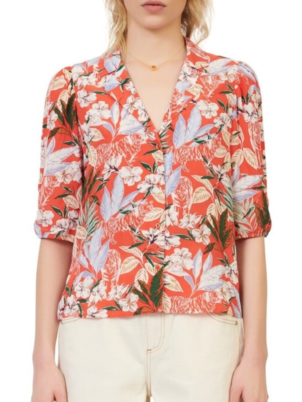 Authentic Maje Tropical Floral Print Elbow Sleeve Button-Up Blouse Size 2